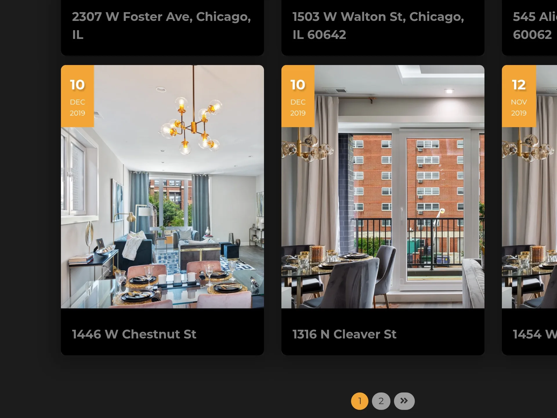DV Development site — project grid with address and date