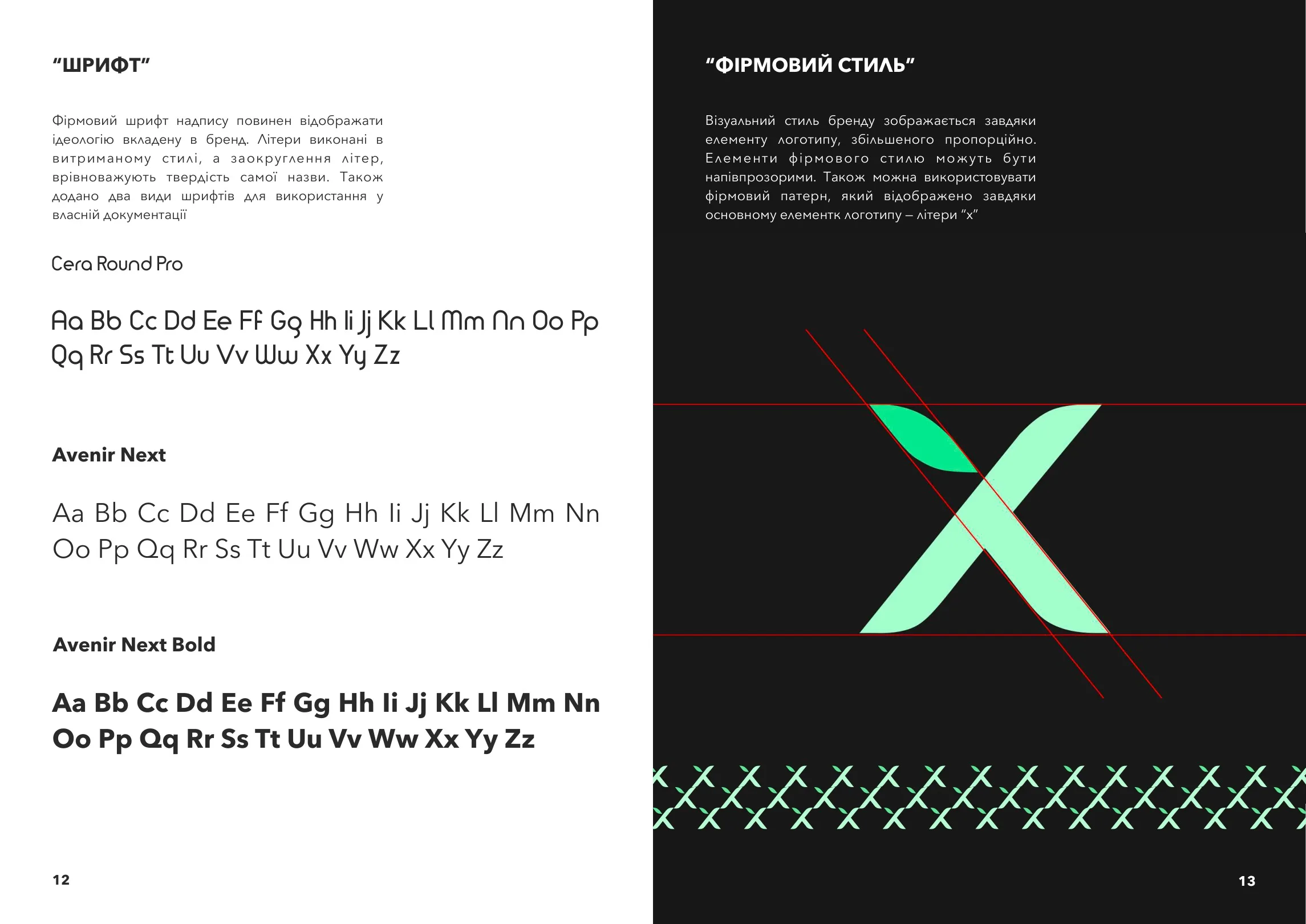 Розворот брендбуку Ridex — шрифт і фірмовий патерн
